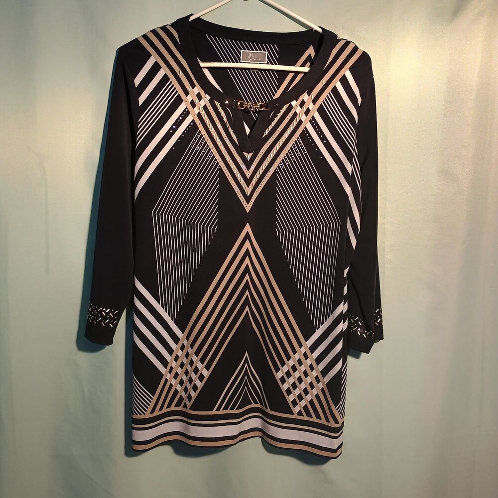 JM Collection Black & Taupe Geometric Print Tunic Top with Embellished Neckline